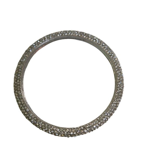 Vintage Silvertone Rhinestone Pave Heavy Weight Bangle Bracelet - Picture 1 of 3